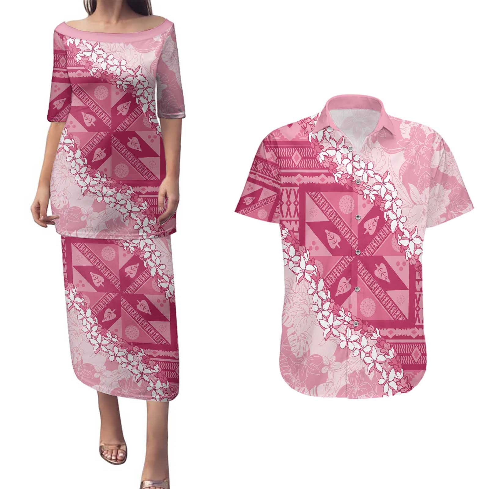 Bula Fiji Plumeria Tagimoucia Salusalu Pink Couples Matching Puletasi and Hawaiian Shirt Kaiviti Masi - Polynesian Pride