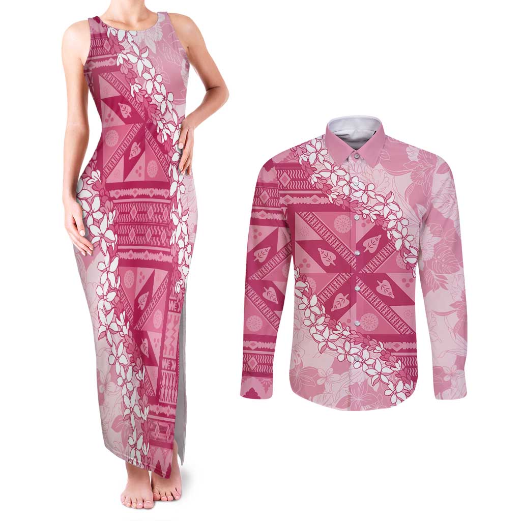 Bula Fiji Plumeria Tagimoucia Salusalu Pink Couples Matching Tank Maxi Dress and Long Sleeve Button Shirt Kaiviti Masi LT7 Pink - Polynesian Pride