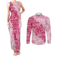 Bula Fiji Plumeria Tagimoucia Salusalu Pink Couples Matching Tank Maxi Dress and Long Sleeve Button Shirt Kaiviti Masi LT7 Pink - Polynesian Pride