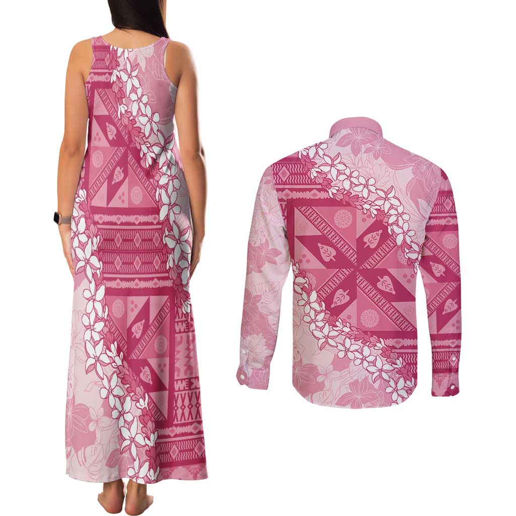Bula Fiji Plumeria Tagimoucia Salusalu Pink Couples Matching Tank Maxi Dress and Long Sleeve Button Shirt Kaiviti Masi LT7 - Polynesian Pride