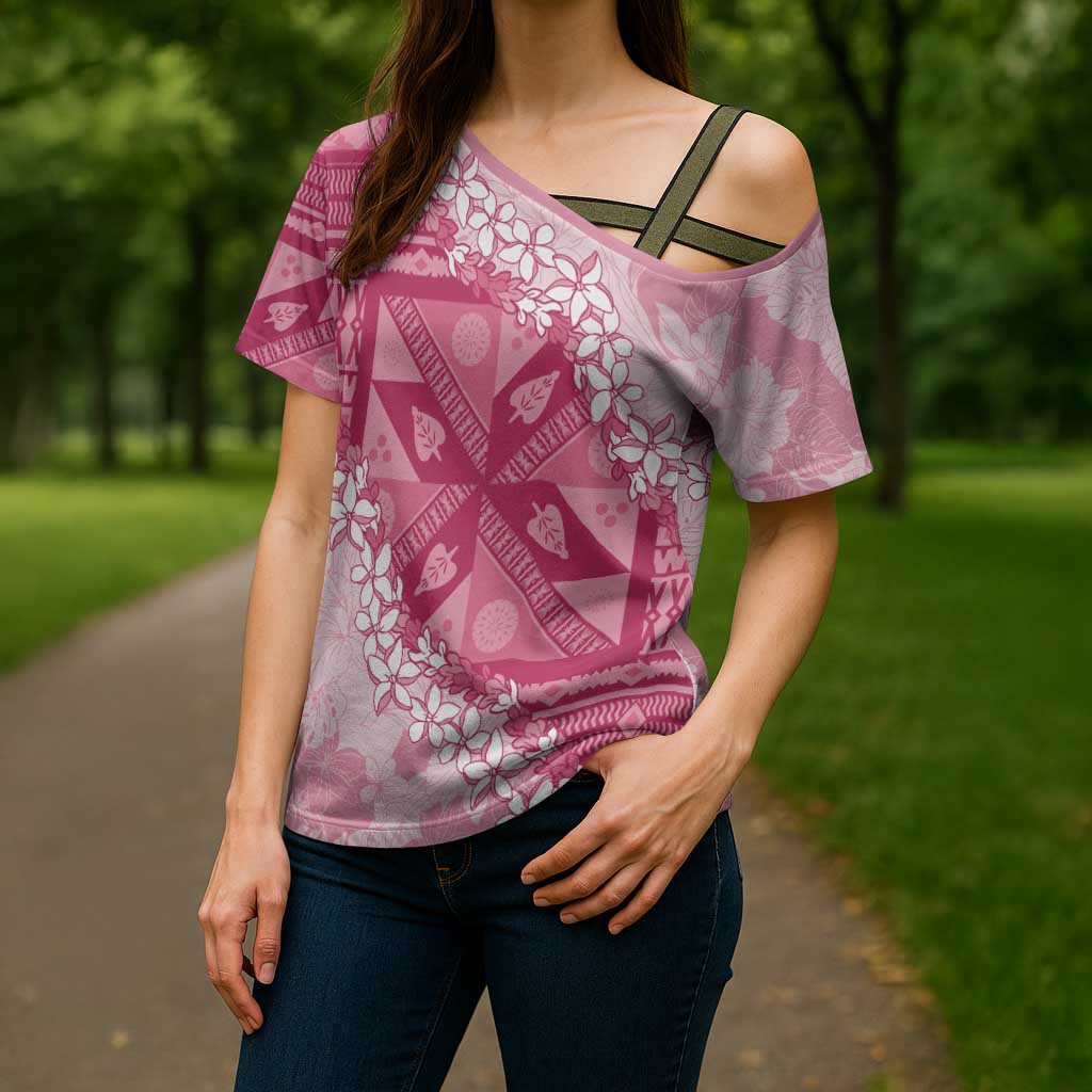 Bula Fiji Plumeria Tagimoucia Salusalu Pink Cross Shoulder Shirt Kaiviti Masi LT7 - Polynesian Pride