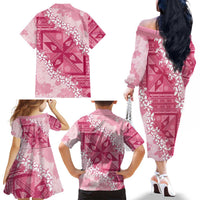 Bula Fiji Plumeria Tagimoucia Salusalu Pink Family Matching Off The Shoulder Long Sleeve Dress and Hawaiian Shirt Kaiviti Masi LT7 - Polynesian Pride