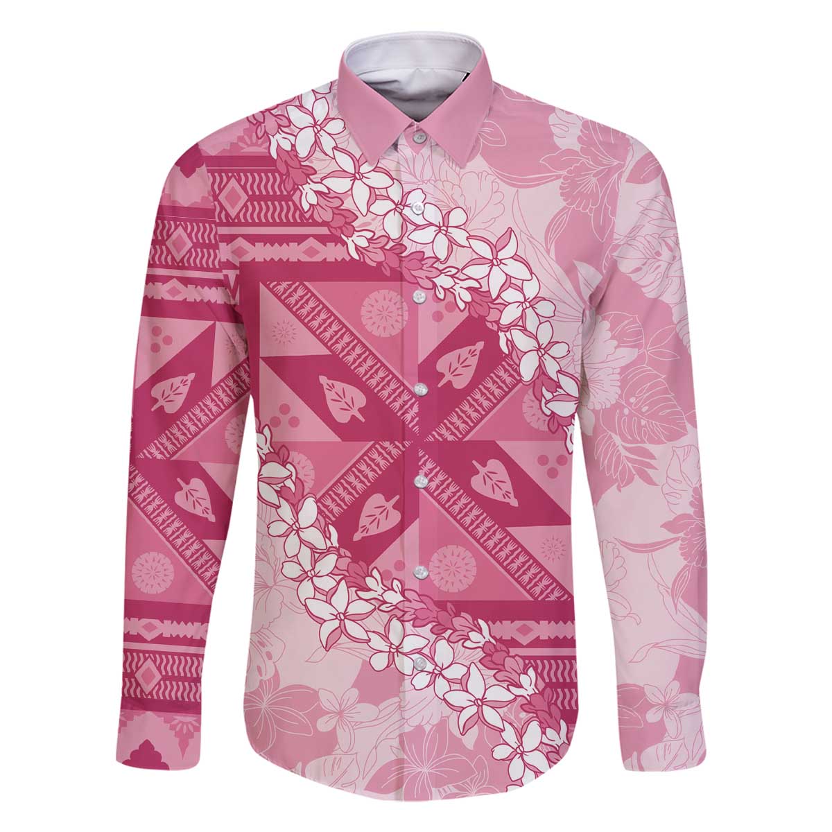 Bula Fiji Plumeria Tagimoucia Salusalu Pink Family Matching Off The Shoulder Long Sleeve Dress and Hawaiian Shirt Kaiviti Masi LT7 Dad's Shirt - Long Sleeve Pink - Polynesian Pride