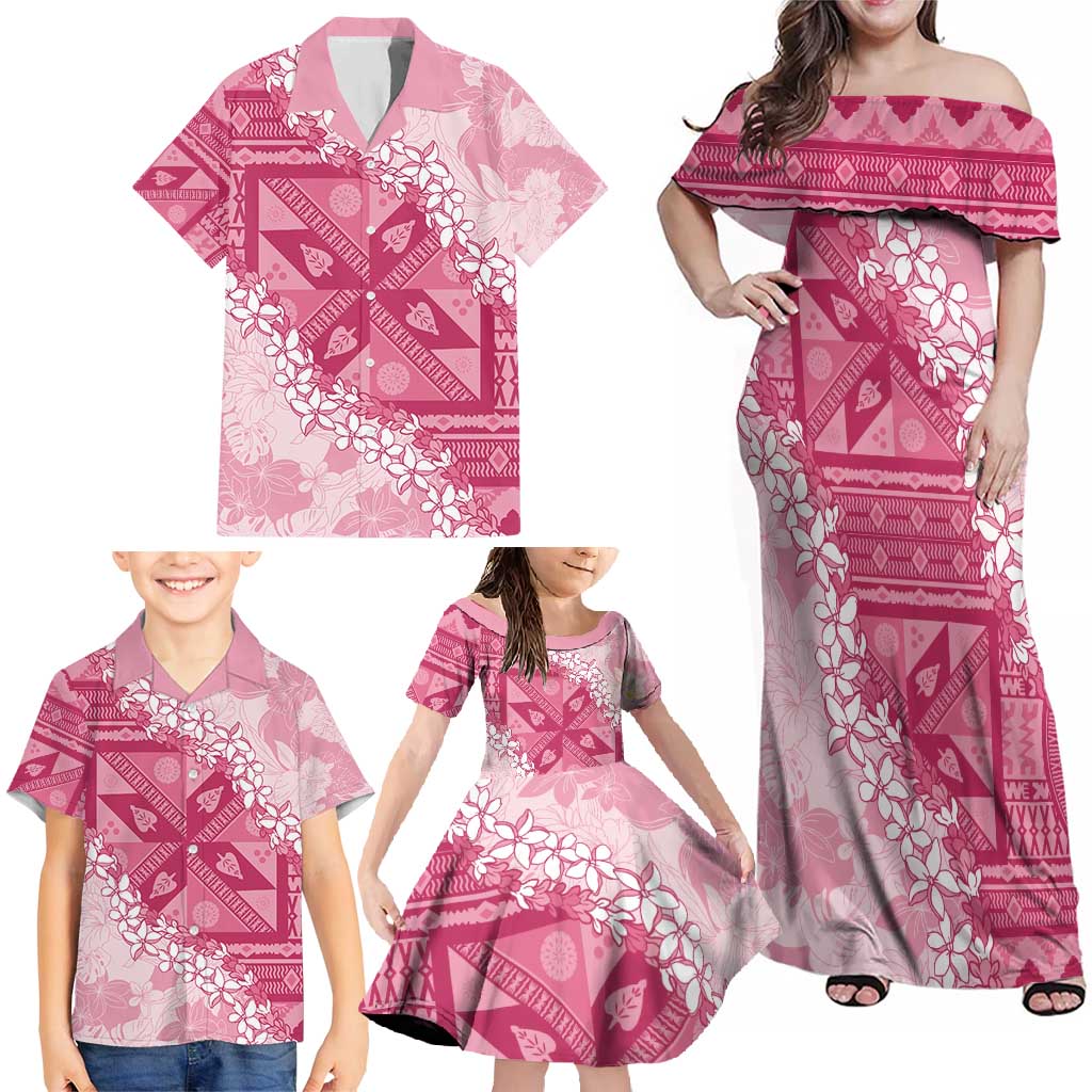 Bula Fiji Plumeria Tagimoucia Salusalu Pink Family Matching Off Shoulder Maxi Dress and Hawaiian Shirt Kaiviti Masi LT7 - Polynesian Pride
