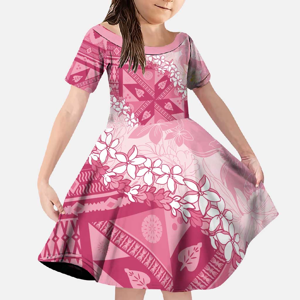 Bula Fiji Plumeria Tagimoucia Salusalu Pink Family Matching Short Sleeve Bodycon Dress and Hawaiian Shirt Kaiviti Masi LT7 Daughter's Dress Pink - Polynesian Pride