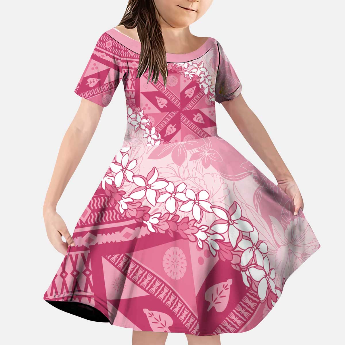 Bula Fiji Plumeria Tagimoucia Salusalu Pink Kid Short Sleeve Dress Kaiviti Masi LT7 KID Pink - Polynesian Pride