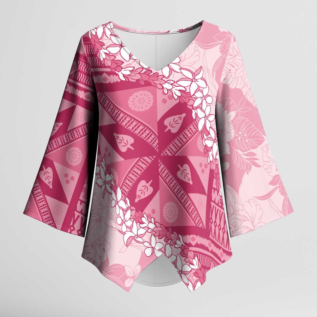 Bula Fiji Plumeria Tagimoucia Salusalu Pink Kimono Sleeve Blouse Kaiviti Masi - Polynesian Pride