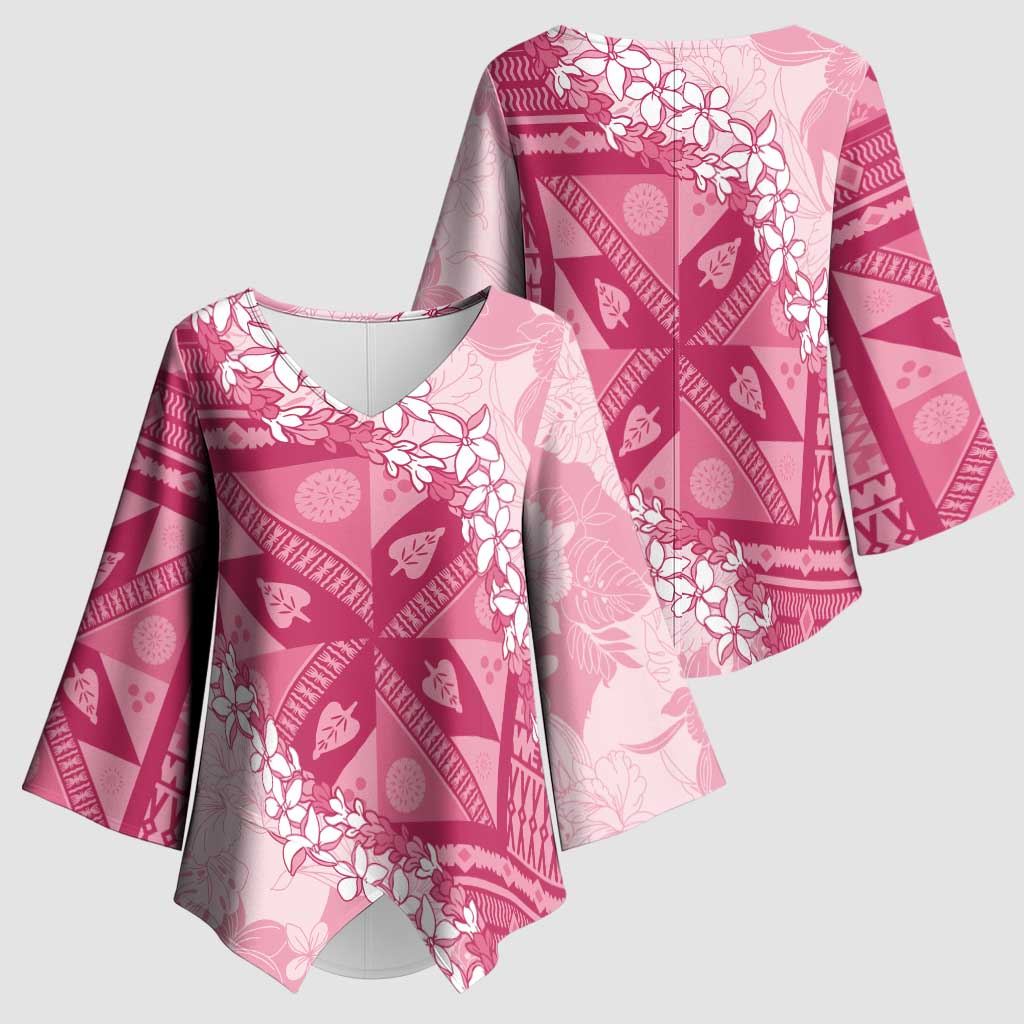 Bula Fiji Plumeria Tagimoucia Salusalu Pink Kimono Sleeve Blouse Kaiviti Masi - Polynesian Pride