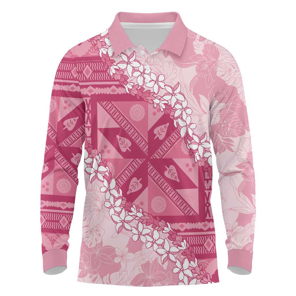 Bula Fiji Plumeria Tagimoucia Salusalu Pink Long Sleeve Polo Shirt Kaiviti Masi LT7 Pink - Polynesian Pride