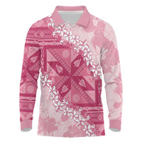 Bula Fiji Plumeria Tagimoucia Salusalu Pink Long Sleeve Polo Shirt Kaiviti Masi LT7 Pink - Polynesian Pride