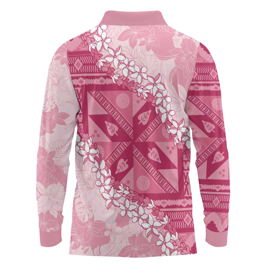 Bula Fiji Plumeria Tagimoucia Salusalu Pink Long Sleeve Polo Shirt Kaiviti Masi LT7 - Polynesian Pride