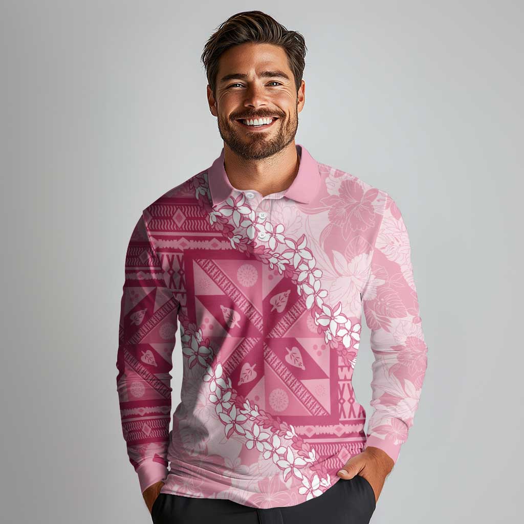Bula Fiji Plumeria Tagimoucia Salusalu Pink Long Sleeve Polo Shirt Kaiviti Masi LT7 - Polynesian Pride