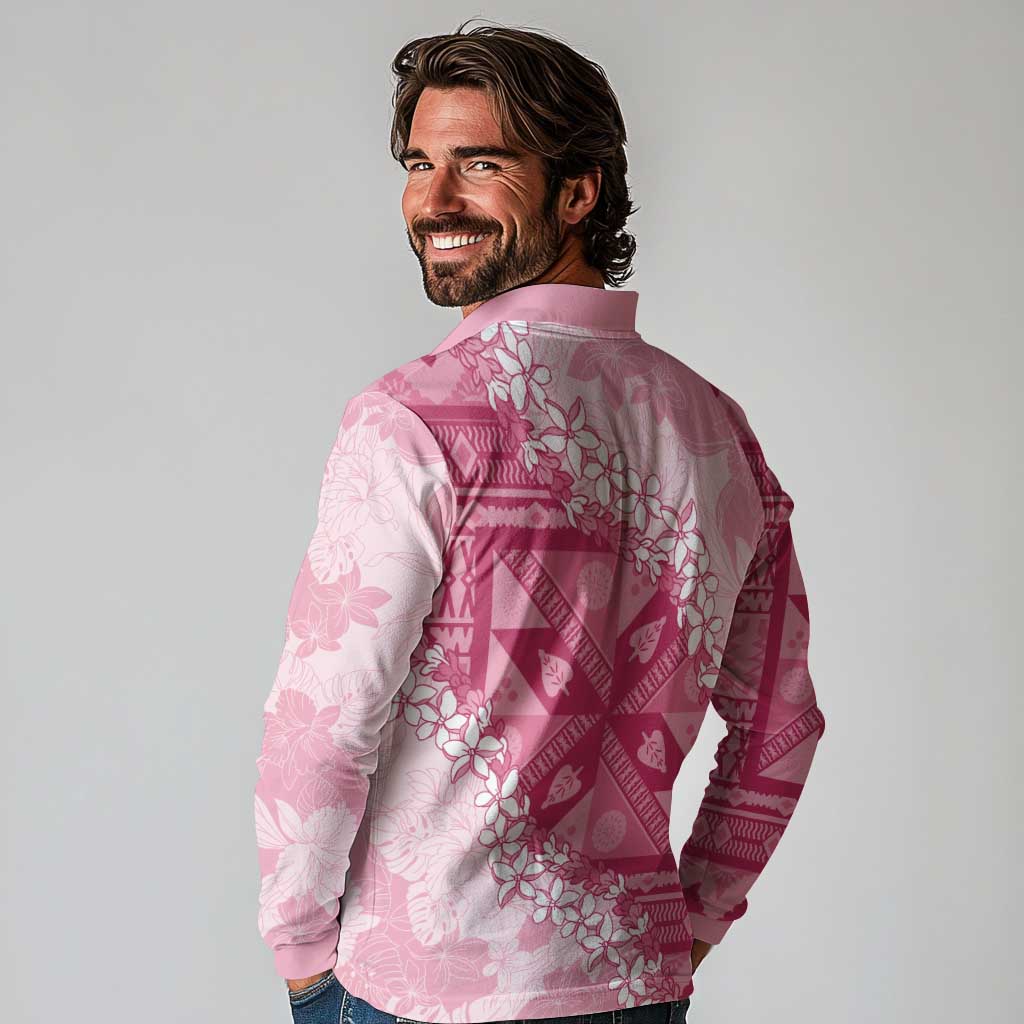 Bula Fiji Plumeria Tagimoucia Salusalu Pink Long Sleeve Polo Shirt Kaiviti Masi LT7 - Polynesian Pride