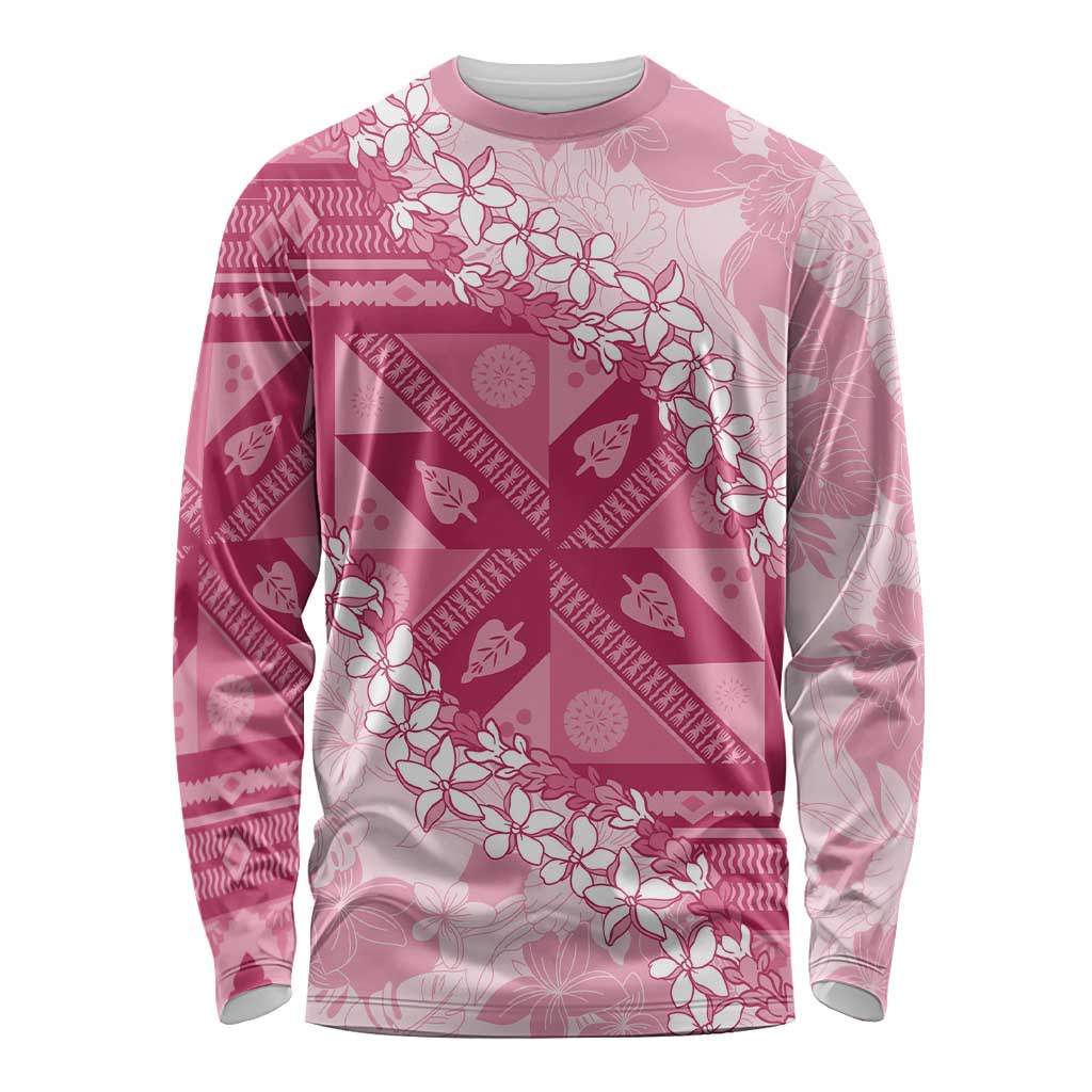 Bula Fiji Plumeria Tagimoucia Salusalu Pink Long Sleeve Shirt Kaiviti Masi - Polynesian Pride