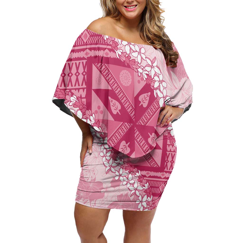 Bula Fiji Plumeria Tagimoucia Salusalu Pink Off Shoulder Short Dress Kaiviti Masi LT7 Women Pink - Polynesian Pride