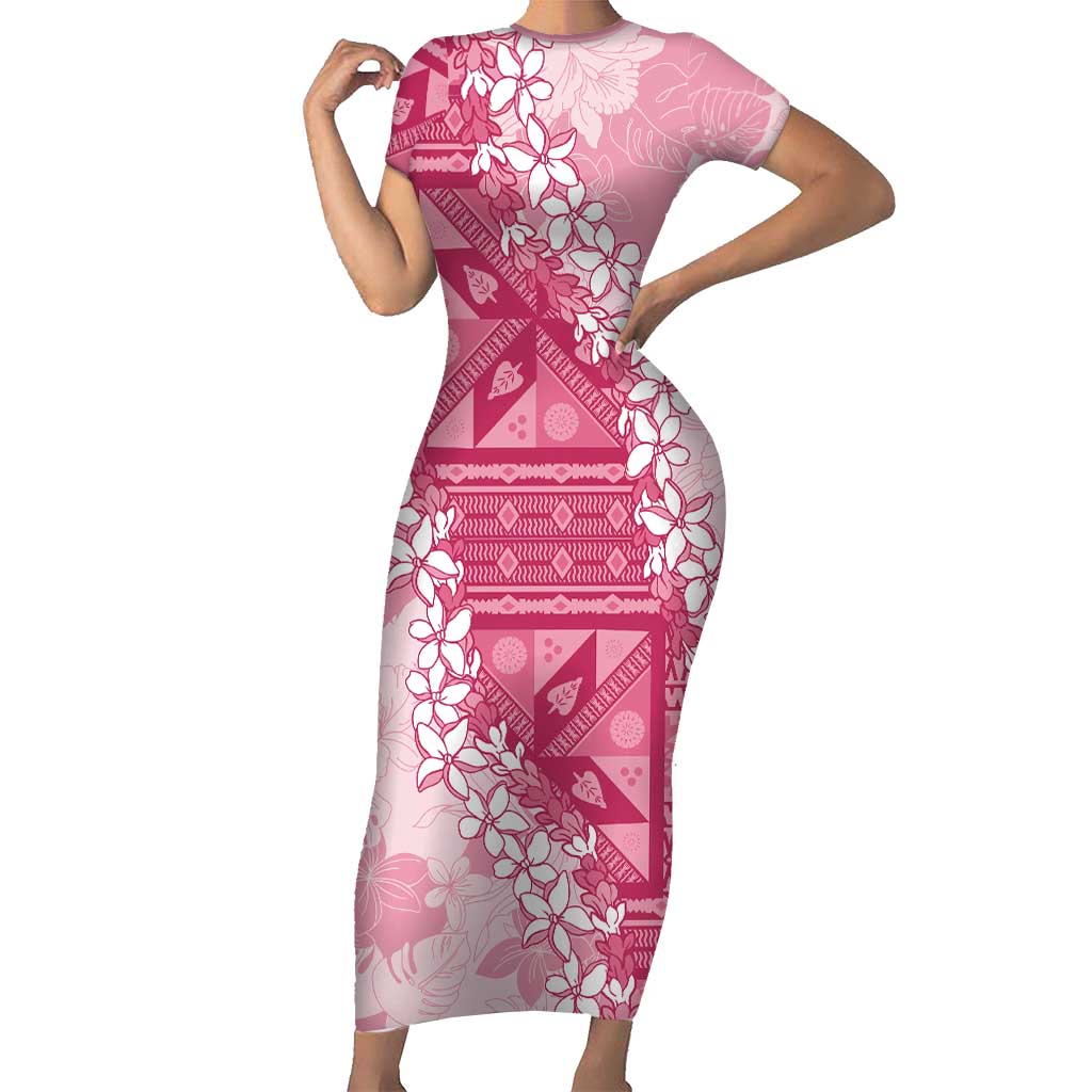 Bula Fiji Plumeria Tagimoucia Salusalu Pink Short Sleeve Bodycon Dress Kaiviti Masi LT7 Long Dress Pink - Polynesian Pride