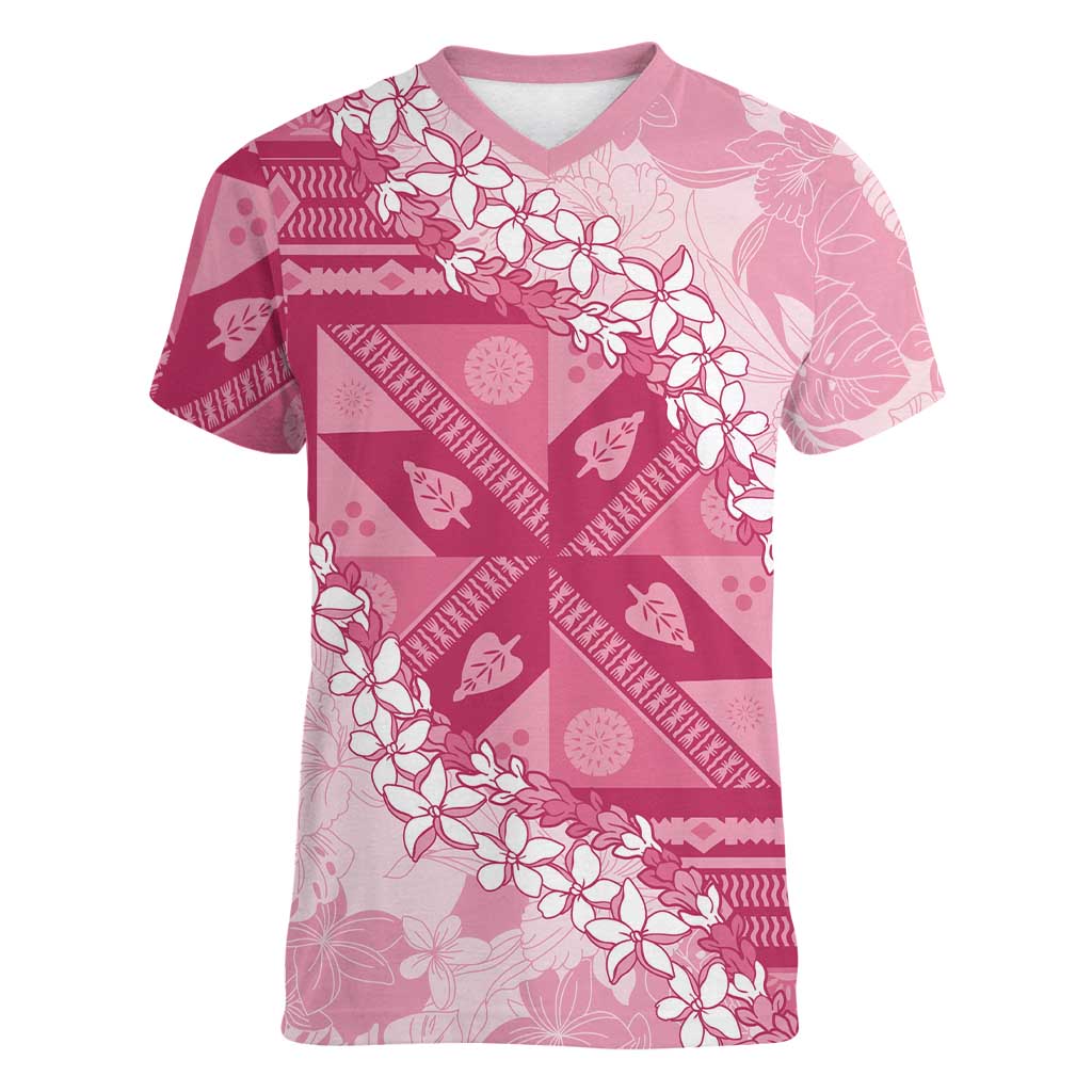 Bula Fiji Plumeria Tagimoucia Salusalu Pink Women V-Neck T-Shirt Kaiviti Masi LT7 Female Pink - Polynesian Pride