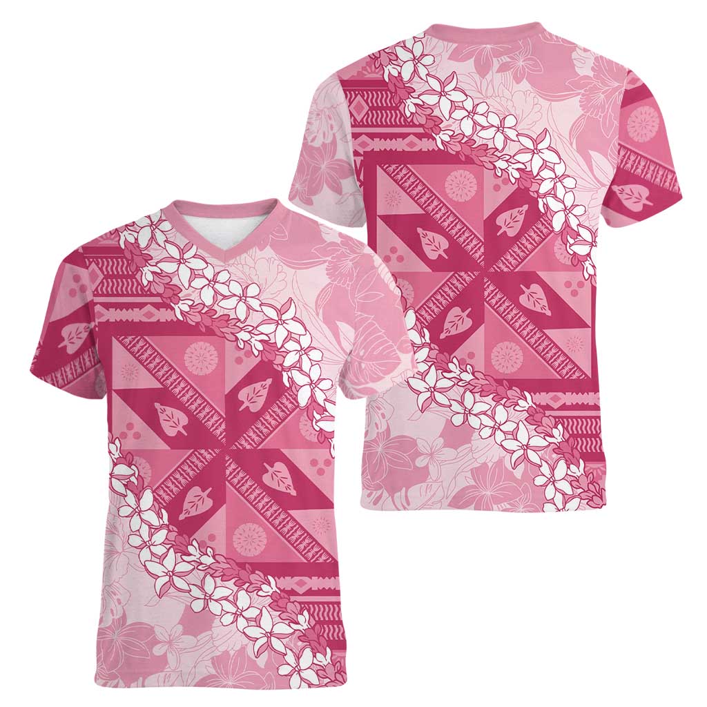 Bula Fiji Plumeria Tagimoucia Salusalu Pink Women V-Neck T-Shirt Kaiviti Masi LT7 - Polynesian Pride