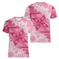 Bula Fiji Plumeria Tagimoucia Salusalu Pink Women V-Neck T-Shirt Kaiviti Masi LT7 - Polynesian Pride