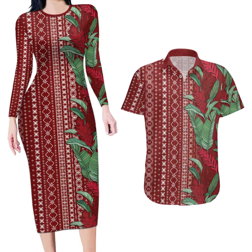 Women's Day Samoa Malu Tattoo Inspired Mix Teuila Couples Matching Long Sleeve Bodycon Dress and Hawaiian Shirt Scarlet LT7 Scarlet - Polynesian Pride