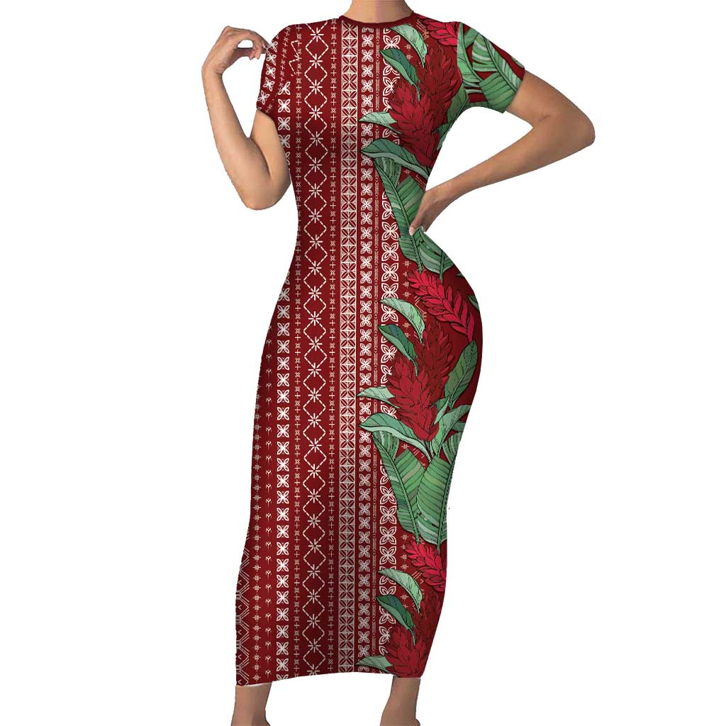 Women's Day Samoa Malu Tattoo Inspired Mix Teuila Short Sleeve Bodycon Dress Scarlet