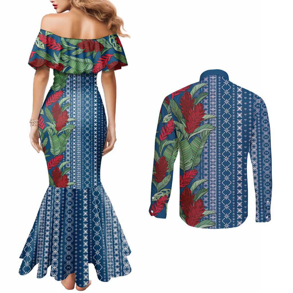 Women's Day Samoa Malu Tattoo Inspired Mix Teuila Couples Matching Mermaid Dress and Long Sleeve Button Shirt Royal Blue