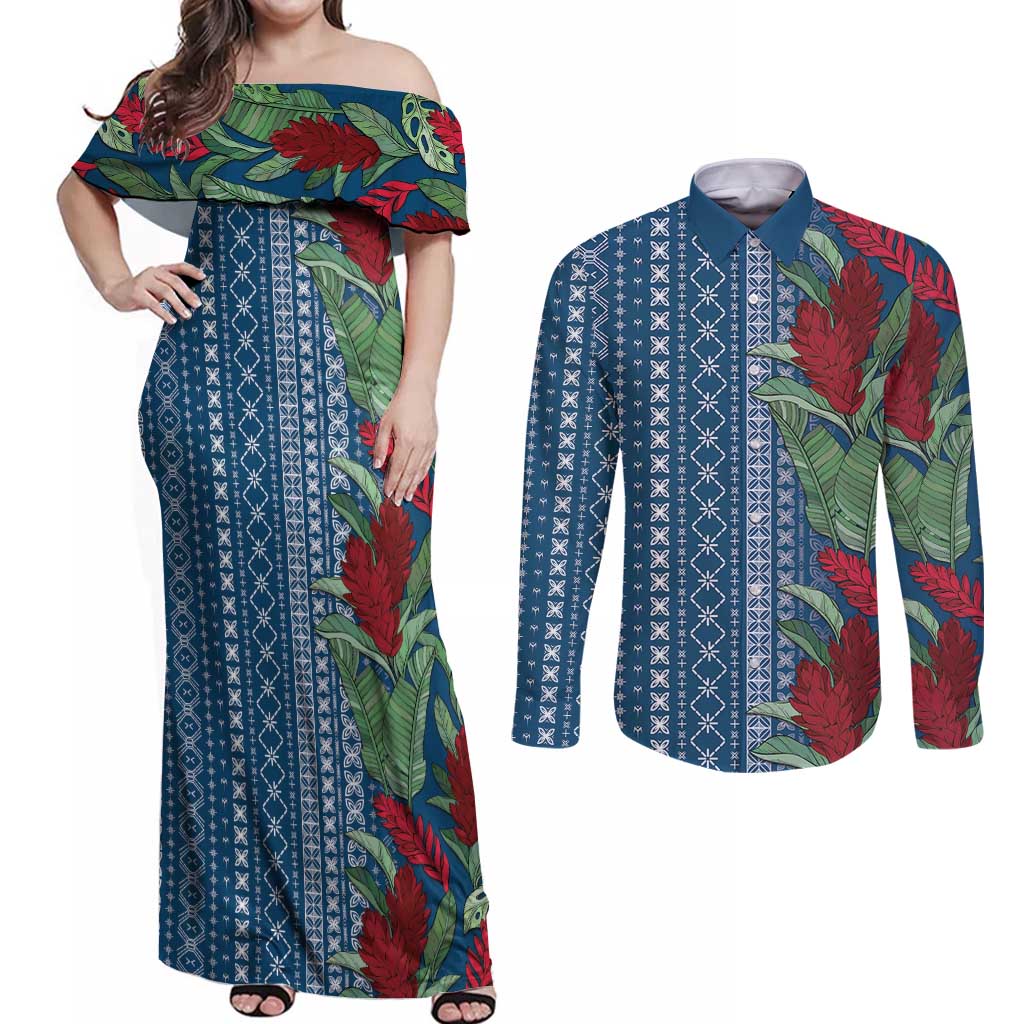 Women's Day Samoa Malu Tattoo Inspired Mix Teuila Couples Matching Off Shoulder Maxi Dress and Long Sleeve Button Shirt Royal Blue
