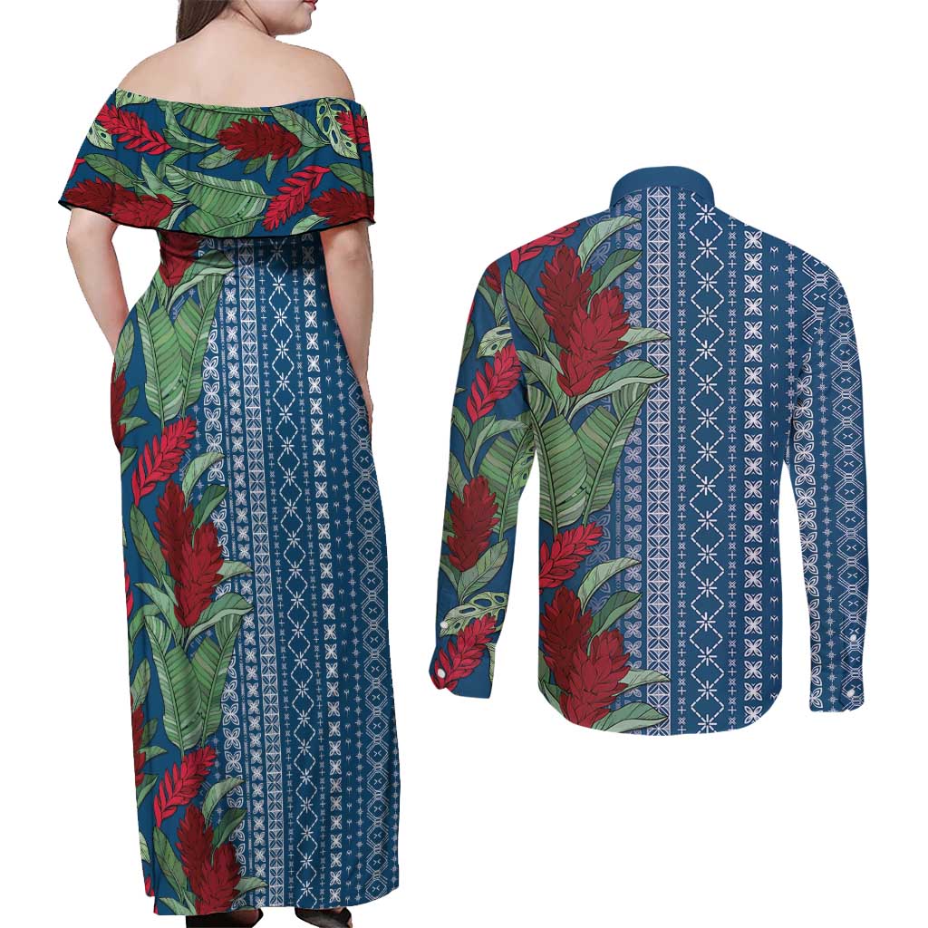 Women's Day Samoa Malu Tattoo Inspired Mix Teuila Couples Matching Off Shoulder Maxi Dress and Long Sleeve Button Shirt Royal Blue