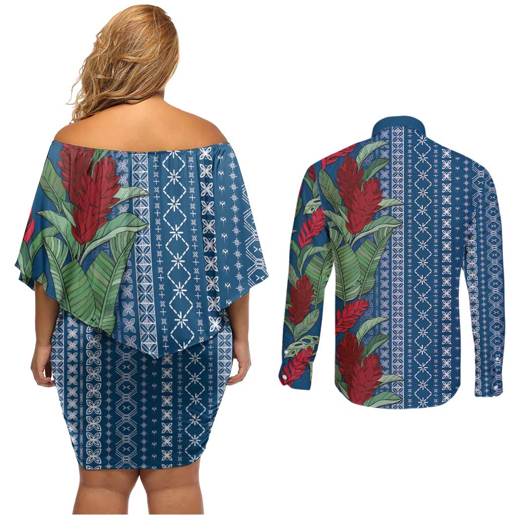 Women's Day Samoa Malu Tattoo Inspired Mix Teuila Couples Matching Off Shoulder Short Dress and Long Sleeve Button Shirt Royal Blue