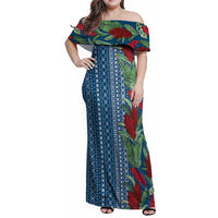 Women's Day Samoa Malu Tattoo Inspired Mix Teuila Family Matching Off Shoulder Maxi Dress and Hawaiian Shirt Royal Blue LT7 Mom's Dress Royal Blue - Polynesian Pride