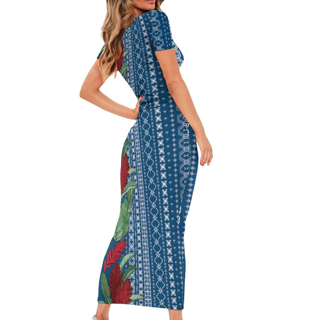 Women's Day Samoa Malu Tattoo Inspired Mix Teuila Short Sleeve Bodycon Dress Royal Blue