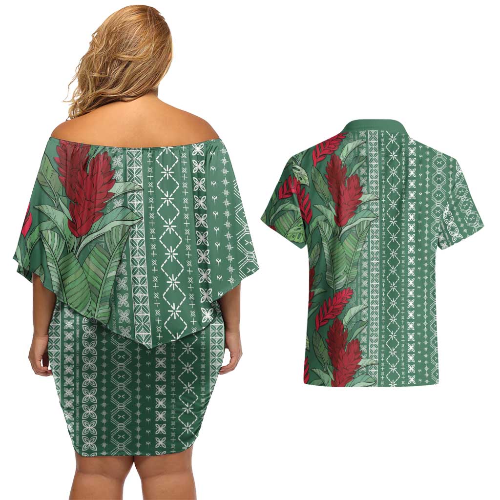 Women's Day Samoa Malu Tattoo Inspired Mix Teuila Couples Matching Off Shoulder Short Dress and Hawaiian Shirt Sage Green