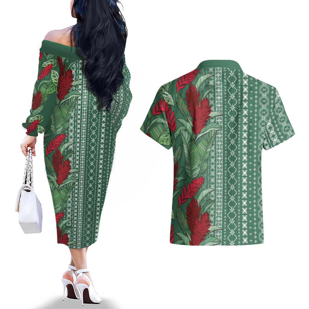 Women's Day Samoa Malu Tattoo Inspired Mix Teuila Couples Matching Off The Shoulder Long Sleeve Dress and Hawaiian Shirt Sage Green LT7 - Polynesian Pride