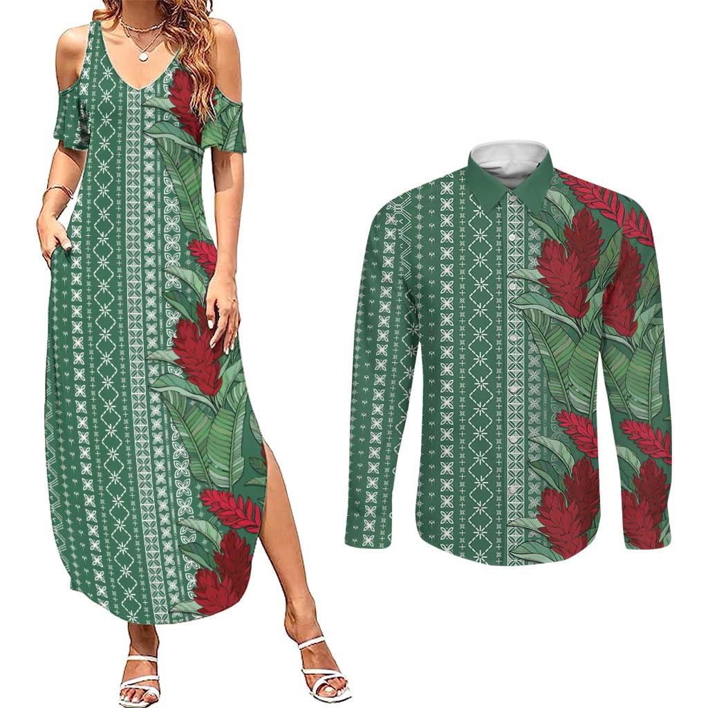 Women's Day Samoa Malu Tattoo Inspired Mix Teuila Couples Matching Summer Maxi Dress and Long Sleeve Button Shirt Sage Green
