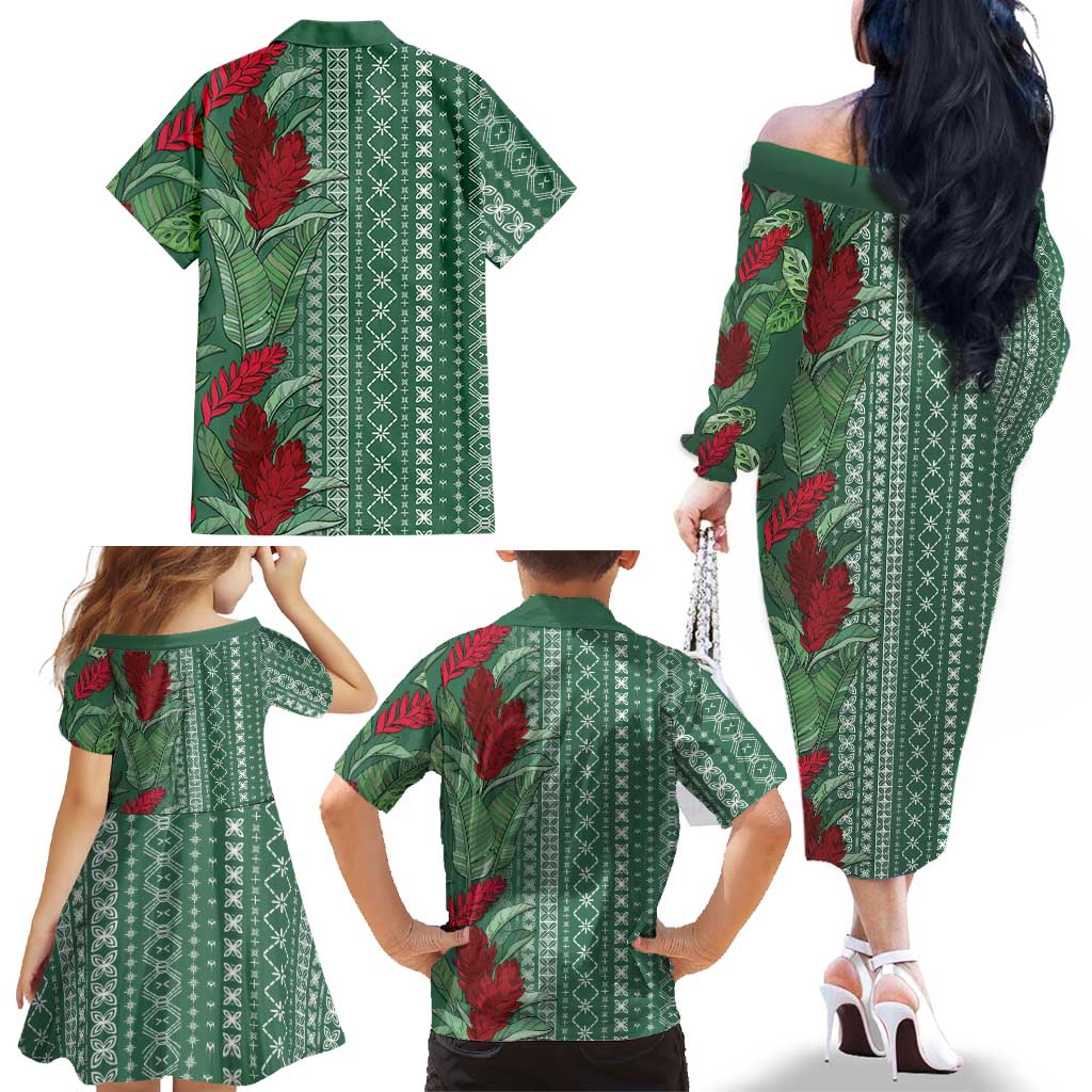 Women's Day Samoa Malu Tattoo Inspired Mix Teuila Family Matching Off The Shoulder Long Sleeve Dress and Hawaiian Shirt Sage Green LT7 - Polynesian Pride