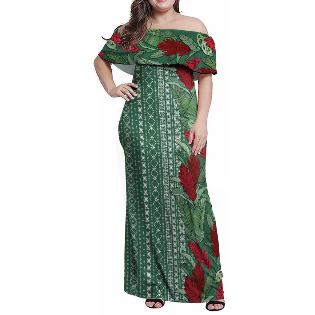 Women's Day Samoa Malu Tattoo Inspired Mix Teuila Family Matching Off Shoulder Maxi Dress and Hawaiian Shirt Sage Green LT7 Mom's Dress Sage Green - Polynesian Pride