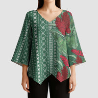 Women's Day Samoa Malu Tattoo Inspired Mix Teuila Kimono Sleeve Blouse Sage Green