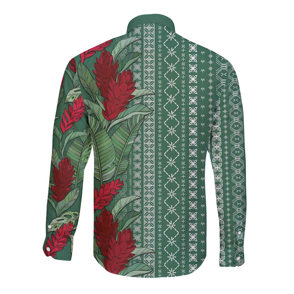 Women's Day Samoa Malu Tattoo Inspired Mix Teuila Long Sleeve Button Shirt Sage Green
