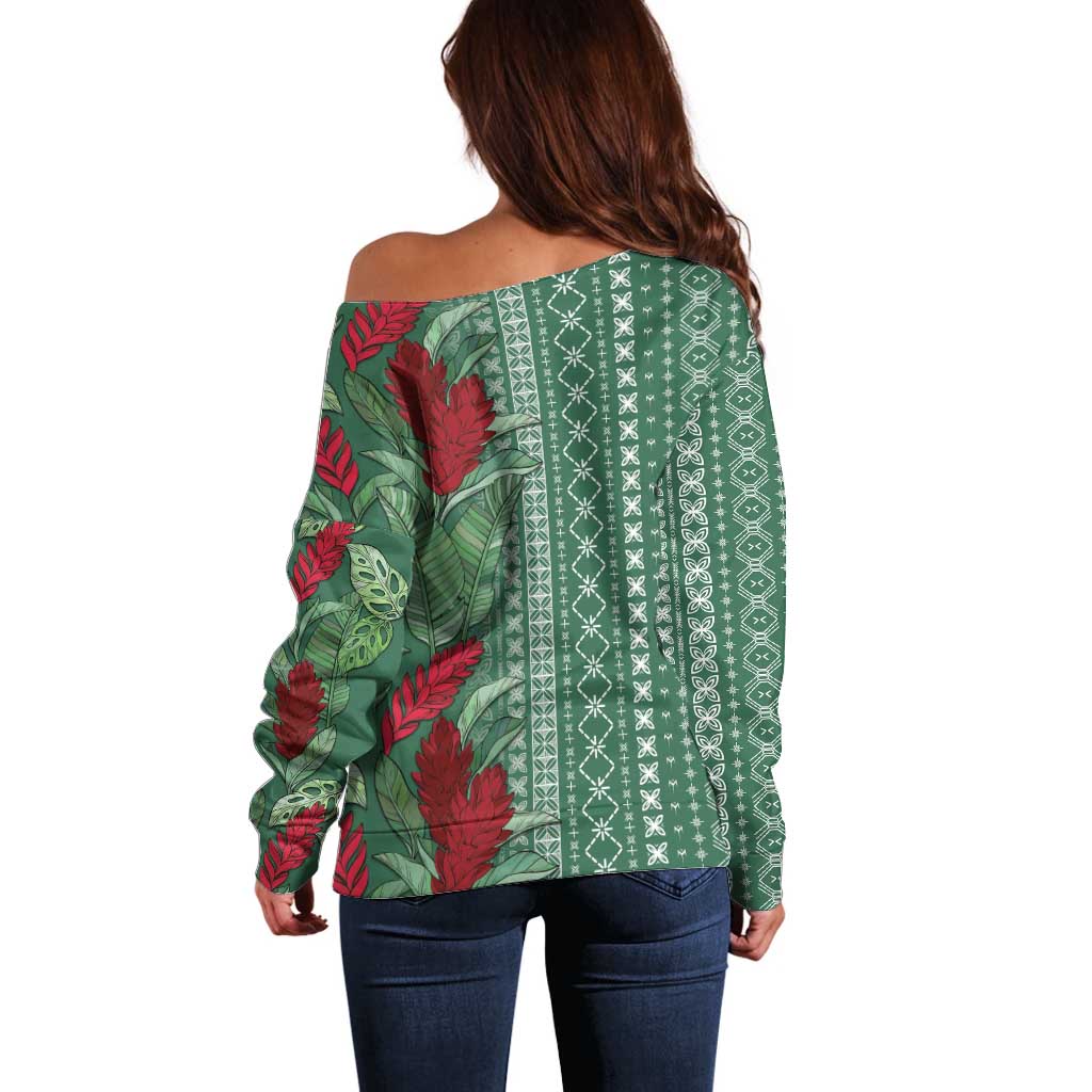 Women's Day Samoa Malu Tattoo Inspired Mix Teuila Off Shoulder Sweater Sage Green