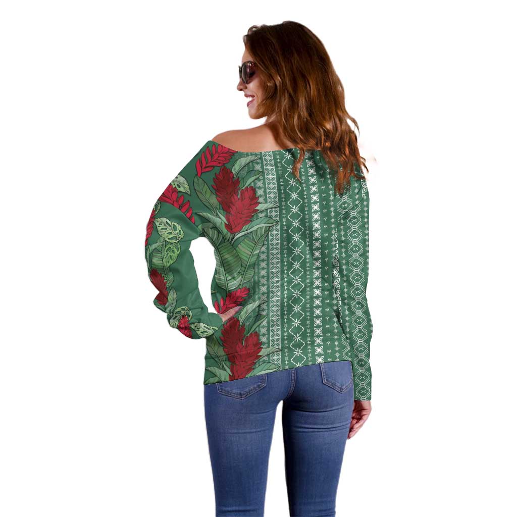 Women's Day Samoa Malu Tattoo Inspired Mix Teuila Off Shoulder Sweater Sage Green