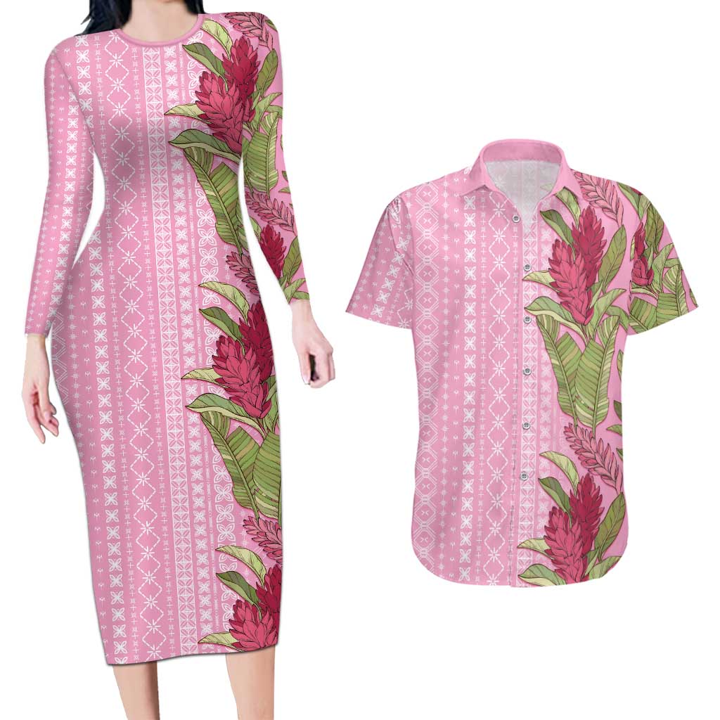 Women's Day Samoa Malu Tattoo Inspired Mix Teuila Couples Matching Long Sleeve Bodycon Dress and Hawaiian Shirt Rose Pink LT7 Rose Pink - Polynesian Pride
