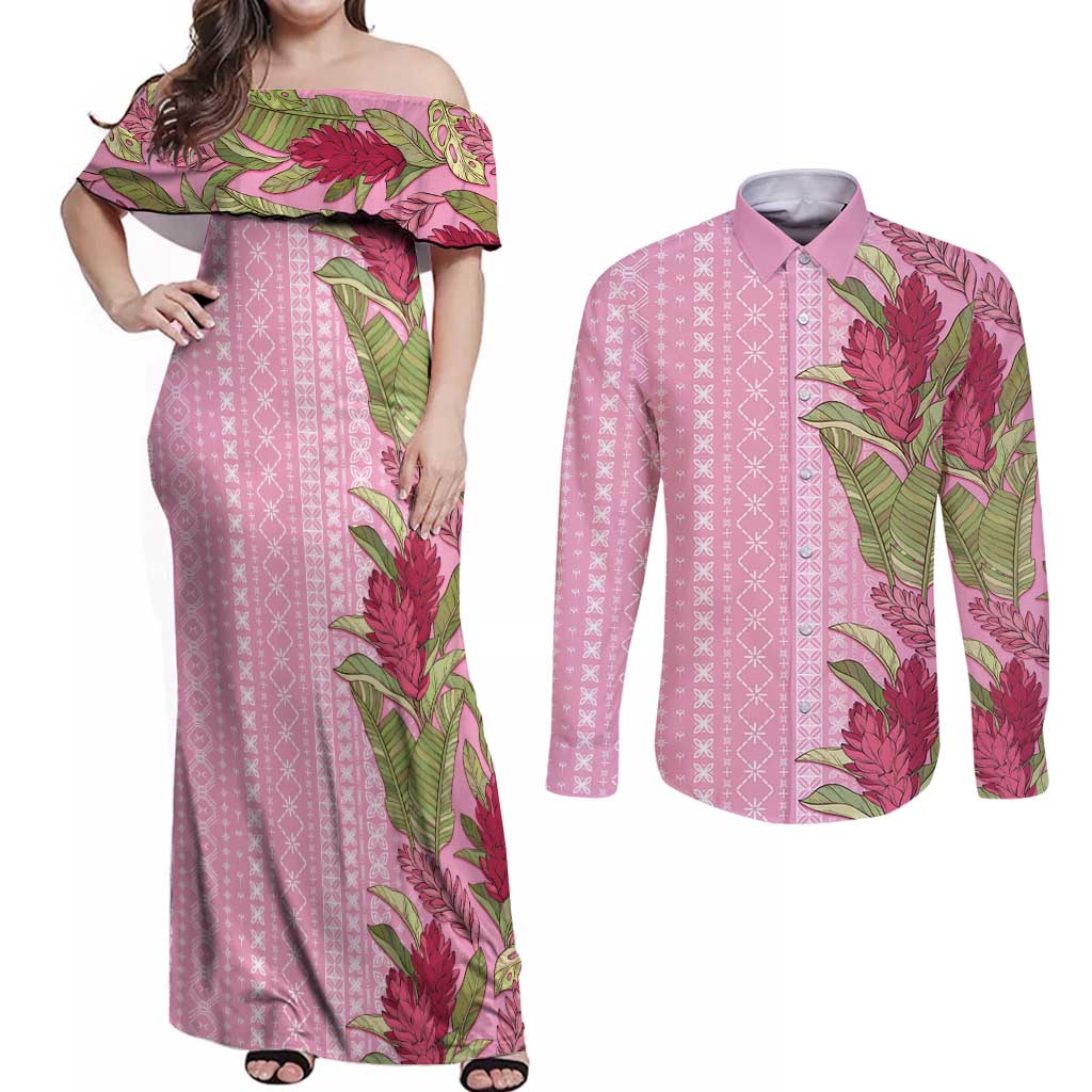 Women's Day Samoa Malu Tattoo Inspired Mix Teuila Couples Matching Off Shoulder Maxi Dress and Long Sleeve Button Shirt Rose Pink