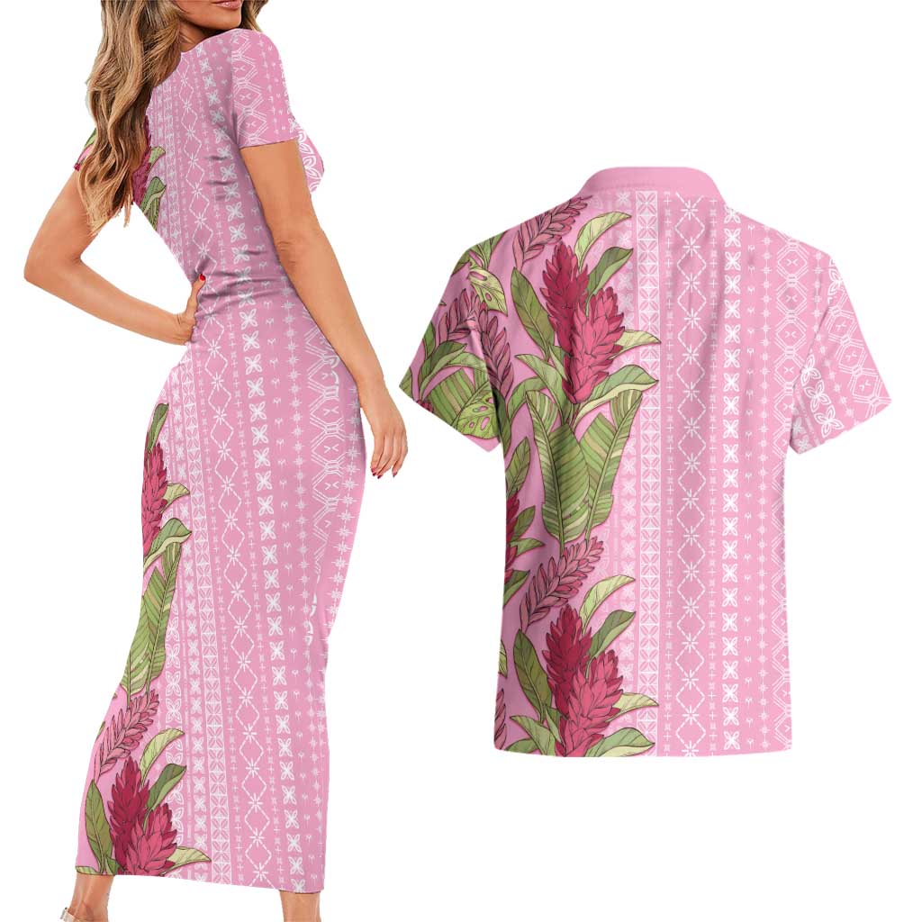 Women's Day Samoa Malu Tattoo Inspired Mix Teuila Couples Matching Short Sleeve Bodycon Dress and Hawaiian Shirt Rose Pink LT7 - Polynesian Pride