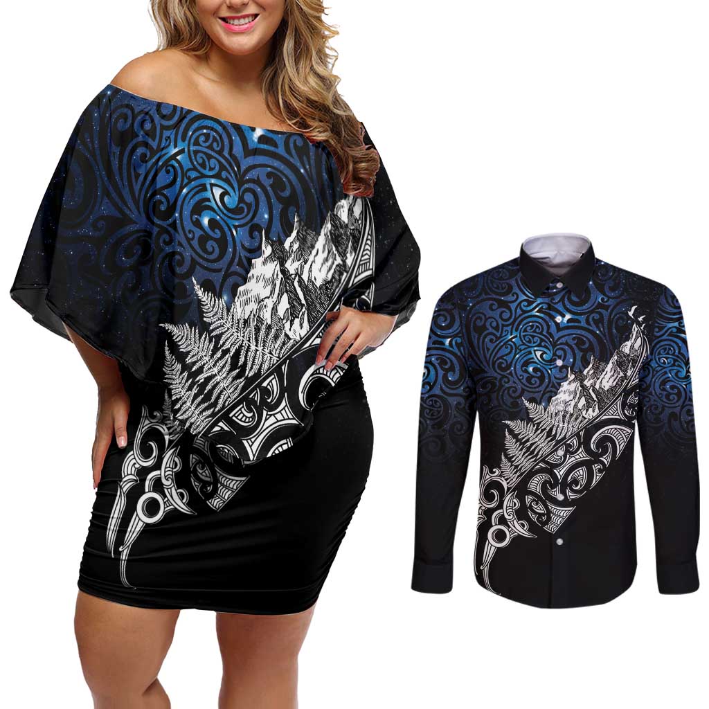 Maori Matariki Couples Matching Off Shoulder Short Dress and Long Sleeve Button Shirt Landscape Styled Fern - Galaxy