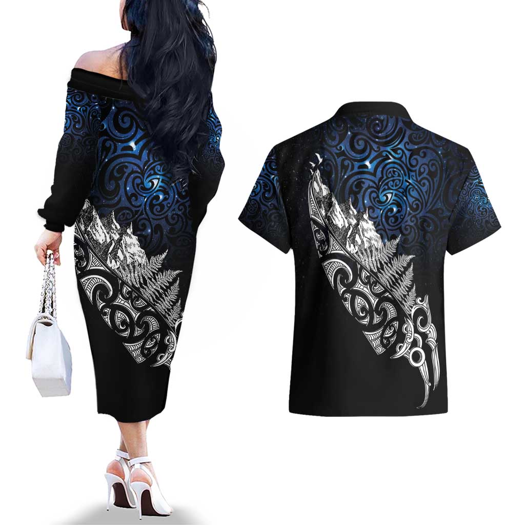 Maori Matariki Couples Matching Off The Shoulder Long Sleeve Dress and Hawaiian Shirt Landscape Styled Fern - Galaxy LT7 - Polynesian Pride