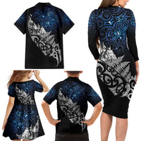 Maori Matariki Family Matching Long Sleeve Bodycon Dress and Hawaiian Shirt Landscape Styled Fern - Galaxy LT7 - Polynesian Pride