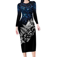 Maori Matariki Family Matching Long Sleeve Bodycon Dress and Hawaiian Shirt Landscape Styled Fern - Galaxy LT7 Mom's Dress Black - Polynesian Pride