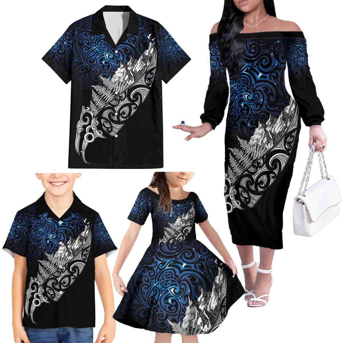 Maori Matariki Family Matching Off The Shoulder Long Sleeve Dress and Hawaiian Shirt Landscape Styled Fern - Galaxy LT7 - Polynesian Pride