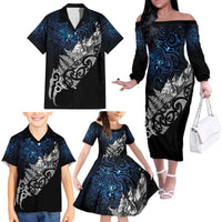 Maori Matariki Family Matching Off The Shoulder Long Sleeve Dress and Hawaiian Shirt Landscape Styled Fern - Galaxy LT7 - Polynesian Pride