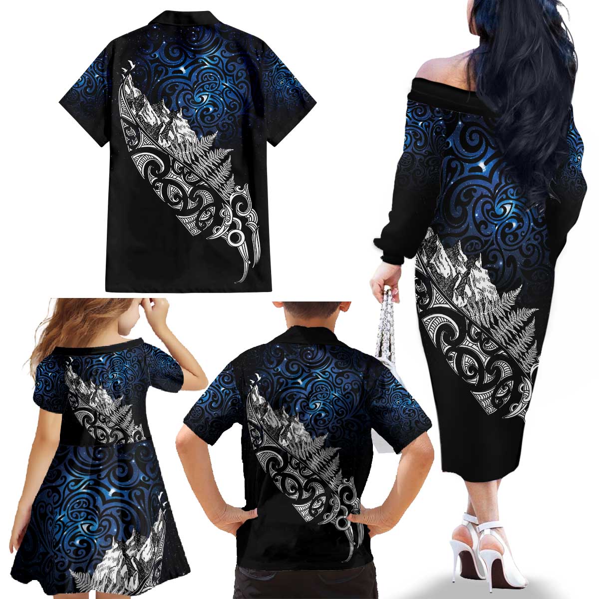 Maori Matariki Family Matching Off The Shoulder Long Sleeve Dress and Hawaiian Shirt Landscape Styled Fern - Galaxy LT7 - Polynesian Pride
